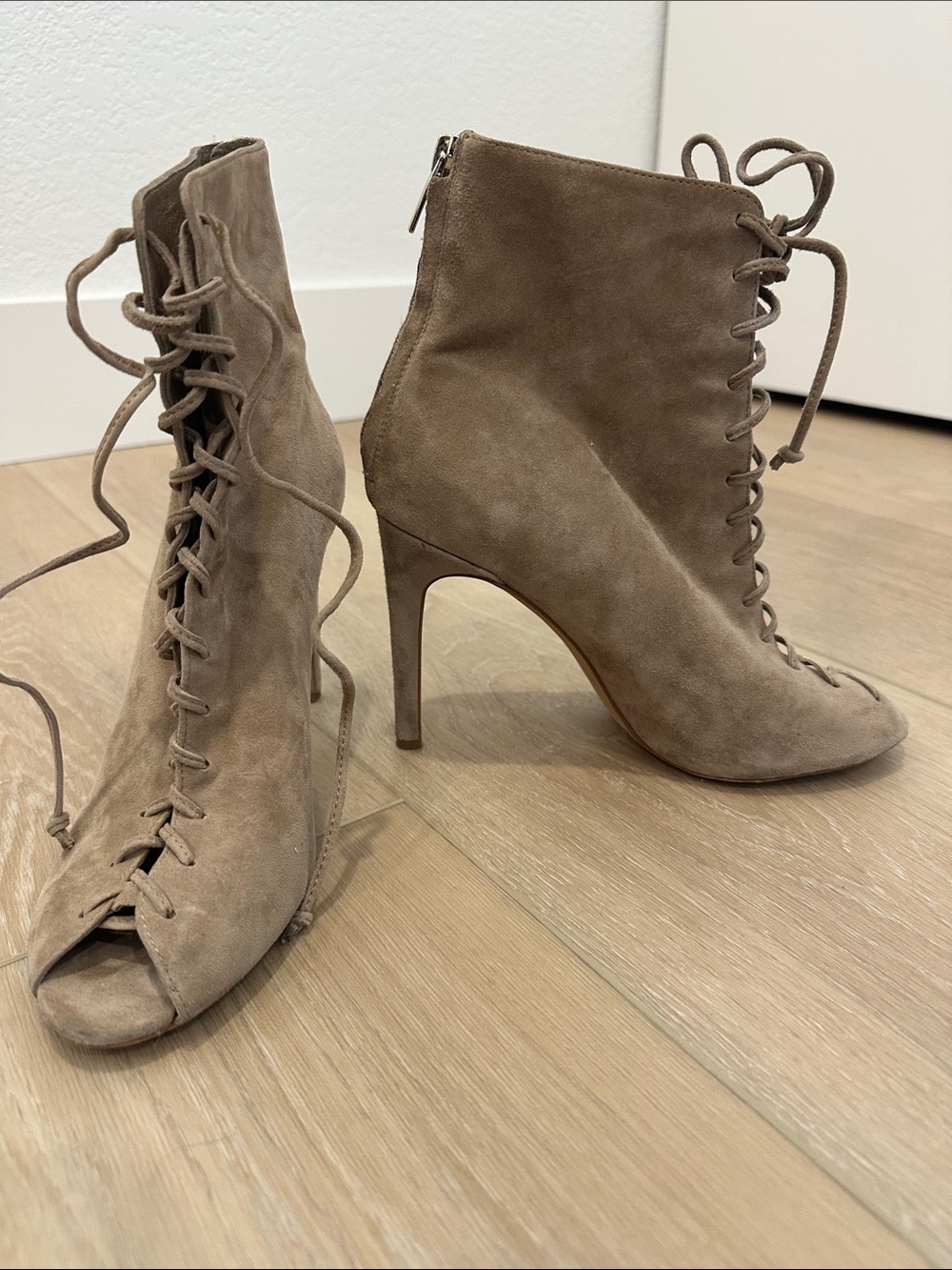 Vince Camuto Taupe Suede Lace-Up Peep-Toe Ankle Boots